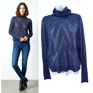 Angel of The North Sabine Sweater Wmn's Sz M Navy Shimmery Sheer Turtleneck Top